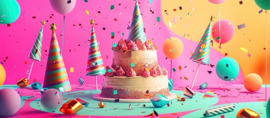Vibrant background for a birthday celebration featuring a cake and party hats.