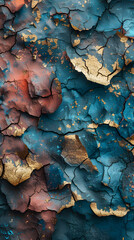 a close up of a cracked wall with blue and gold paint