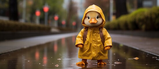 A chic cityscape where a sophisticated baby duck wearing a stylish yellow raincoat for adventure stands in an urban puddle