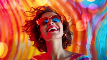 Fototapeta premium Ecstatic woman wearing retro sunglasses surrounded by a psychedelic, rainbow-colored background in a contemporary, pop art style, conveying a sense of joy and optimism.