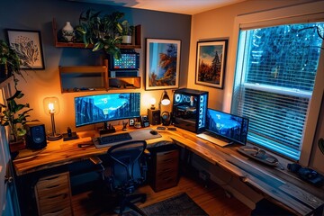 battlestation interior design setup with plants and blue lights