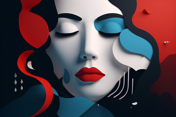Stylized graphic illustration of a woman's face with vivid red, blue, and black hues