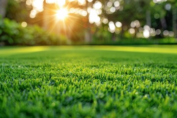Naklejka premium Green field grass lawn beautiful garden summer sunlight nature beauty yard cottage outdoors trees spring field relaxation flowers blooming fresh leaves