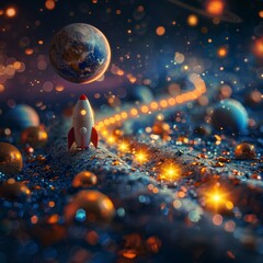 A rocket ship is taking off from a planet made of glitter with a starry night sky and a large planet in the background.