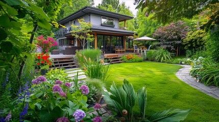 Suburban house with lush garden and flowers in bloom conveying a sense of peace and tranquility, photographed in a realistic style with vibrant colors