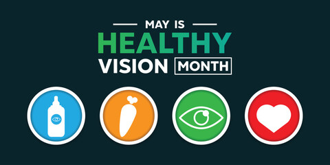 Healthy Vision Month. Eye cleanser, Eye, carrot and heart. Great for cards, banners, posters, social media and more. Dark green background.
