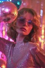 Disco Fever: Female Model in 70s Outfit at Dance Club