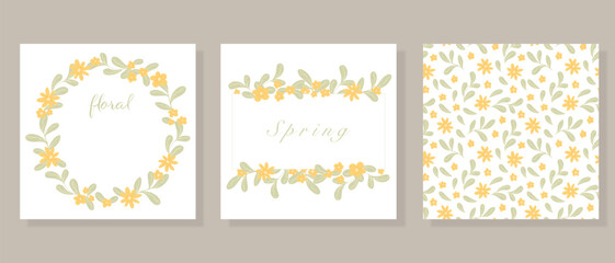 Floral set of templates. Circle and square frames, flowers pattern. Suitable for social media posts, mobile apps, cards, invitations, banner design and packaging. Vector hand drawn illustration.
