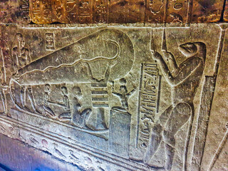 The Dendera lightbulb in the crypt depicting the egyptian creation myth of the...