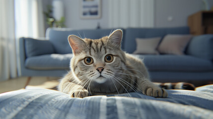 British grey shorthair cat, domestic cat in living room interior
