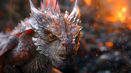 Red giant dragon breathing fire on dark background. Mythology creature portrait. Fantasy art