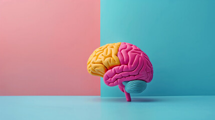 Cerebro humano con colores sobre fondo de color liso - obrazy, fototapety, plakaty