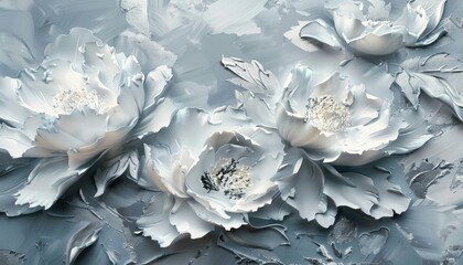 Ethereal Peonies: 3D Textured Painting on Grey Background - obrazy, fototapety, plakaty