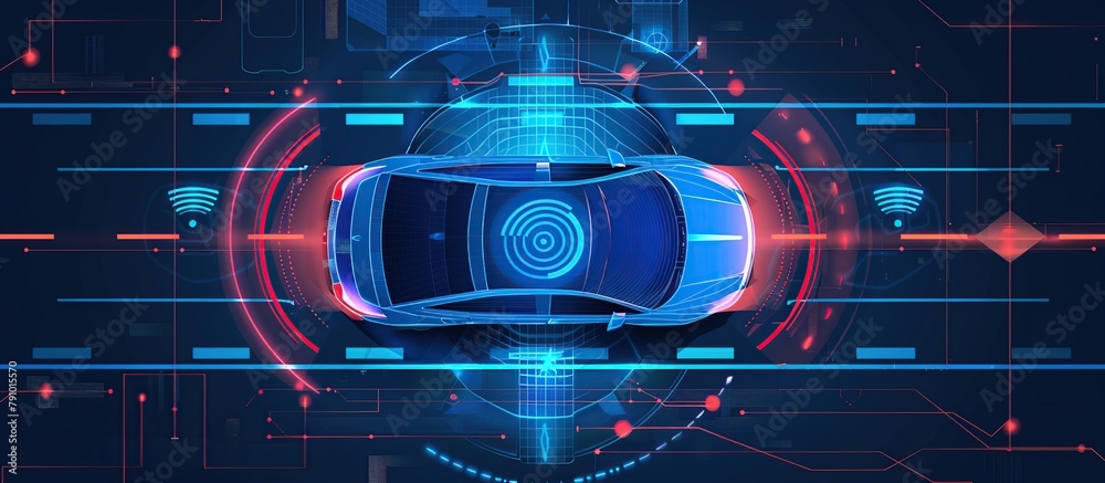 Poster Smart car in autonomous mode on city roads, featuring a HUD and integrating IoT technology with graphic sensor radar signals and internet connectivity, top view.
