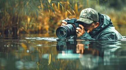 Photographer in action, capturing wildlife, camouflaged in nature. Focus, dedication, and patience at the water's edge. Outdoor photography adventure. AI