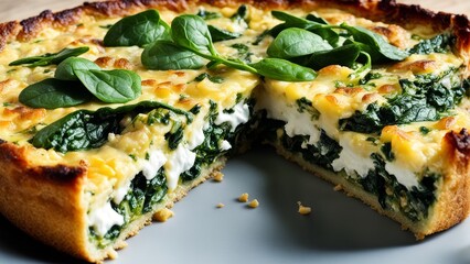 Frittata with spinach, mushrooms and goat cheese. - obrazy, fototapety, plakaty