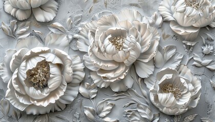 Ethereal Peonies: 3D Textured Painting on Grey Background