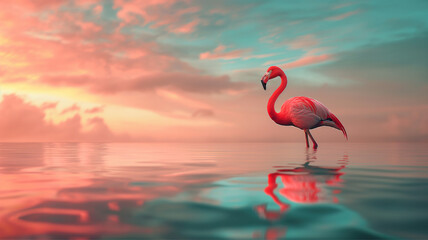 Fototapeta premium Flamingo Stand in The Water With Beautiful background Nature 4K Wallpaper