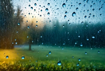 Rain drops on window glass for backgrounds rainy fall autumn weather. Abstract blue background with raindrops on blurred daylight. Outside urban window is blurred bokeh water. Copy text space - Powered by Adobe