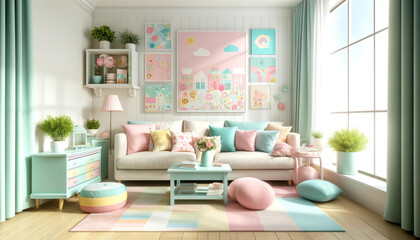a bright and fresh living room filled with fun pastel colors. The space includes a soft, light-colored sofa adorned with cushions/pillows
