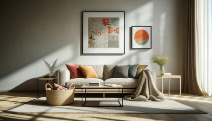 a modern living room in natural light. The scene includes a comfortable sofa with colorful throw pillows, a stylish woven basket