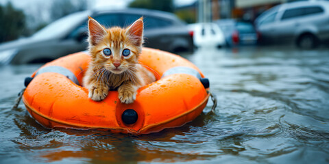 Cat midst of a city flood  clings to a orange buoy. Urban survival and resilience animals in flood.