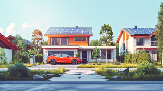modern house building in suburb area with solar panels and electric car charging in yard