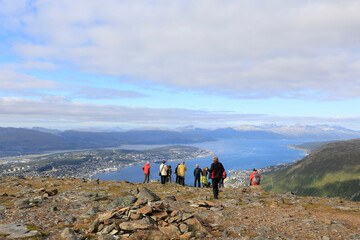 Tourists on the mountain Fløya with a view towards Tromsø city	 - 791016701