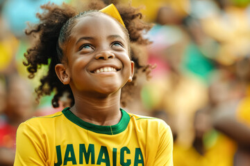 Jamaican football soccer fans in a stadium supporting the national team, little girl, The Reggae Boyz
