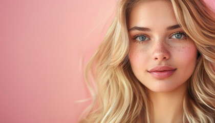 Obraz premium Beautiful young blonde girl with wavy hair. Place for text