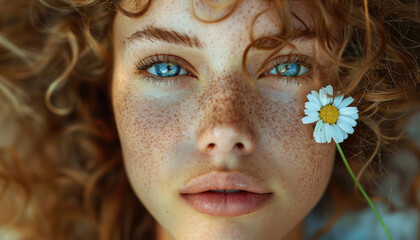 Girl with a chamomile flower in her hair, organic natural cosmetics