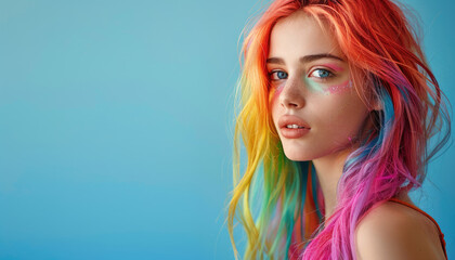 Naklejka premium Beautiful girl with dyed colored hair. Place for text