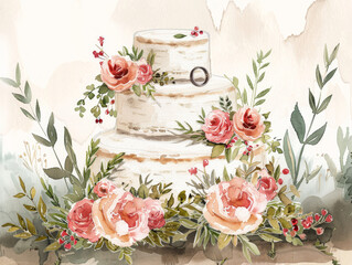 Set di nozze acquerello, appena sposato boho illustrazione floreale, torta nuziale, anello di nozze, abito da sposa, sfondo bianco scontornabile, per biglietti di auguri o inviti matrimonio - obrazy, fototapety, plakaty