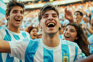 Argentine football soccer fans in a stadium supporting the national team, Albiceleste, Gauchos
 - obrazy, fototapety, plakaty