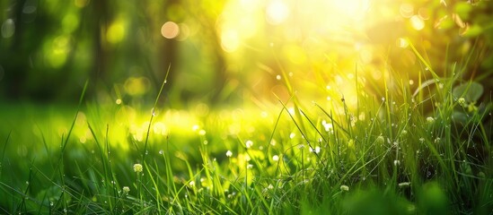 Close-up of green summer grass meadow with bright sunlight, depicting a sunny spring background.