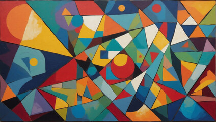 Vibrant Geometric Mosaic Comprising Multicolored Shapes on Abstract Canvas.