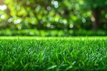 Naklejka premium Green field grass lawn beautiful garden summer sunlight nature beauty yard cottage outdoors trees spring field relaxation flowers blooming fresh leaves