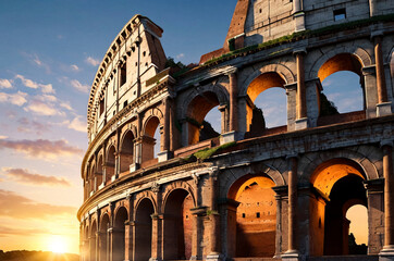 Majestic sunrise at colosseum, summertime. Colosseum is most landmark history, sunshine background,...