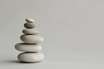 Fototapeta na wymiar A single balanced pebble stack, symbolizing tranquility in yoga, isolated on a harmony grey background for International Yoga Day
