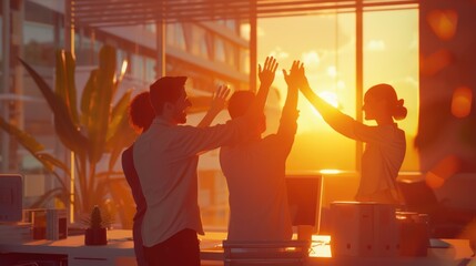 Business Team Celebrating Success in Office at Sunset