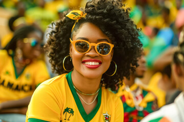 Jamaican football soccer fans in a stadium supporting the national team, The Reggae Boyz
 - obrazy, fototapety, plakaty
