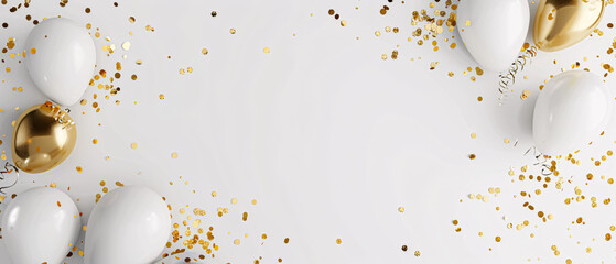 3d render of white and golden balloons with confetti on white background