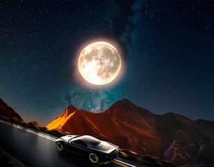 a super car on the road , mountain , galaxy and moon in the background