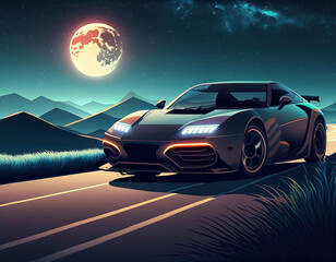 Fototapeta na wymiar a super car on the road , mountain and moon in the background