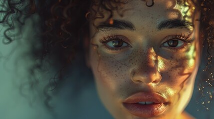 Radiant Sun-Kissed Woman with Curly Hair and Freckles Portrait