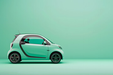 A compact urban electric car, positioned against a sustainable mint green background, symbolizing eco-friendly transportation for World Environment Day 