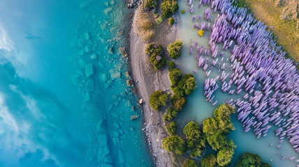 Lake Tekapo, Neuseeland, Drohnenbilder über dem See mit Bergpanorama der Southern Alps, Landschaften und Pflanzen zu unterschiedlichen Tages- und Jahreszeiten. Generative KI.