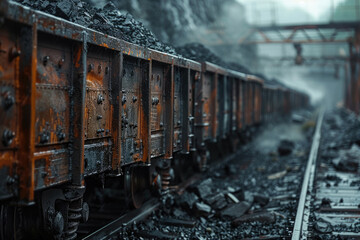 Wagon with coal, mining and export concept - obrazy, fototapety, plakaty