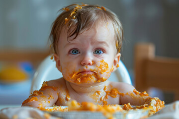 child in a chair eats vegetable or fruit puree