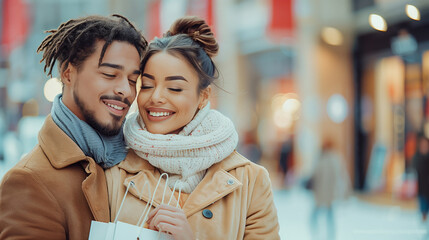 Beautiful young loving couple while shopping.